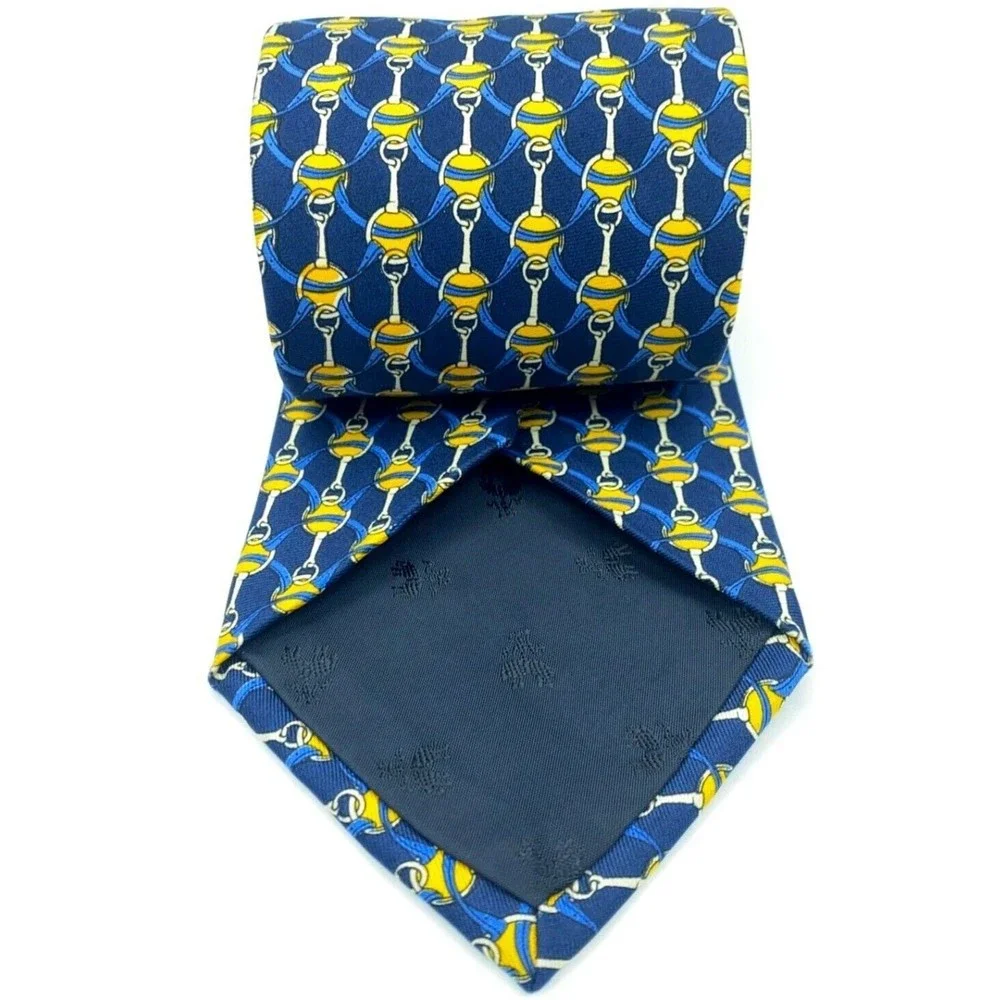 BROOKS BROTHERS MAKERS All Silk Equestrian Motif Blue Yellow Necktie Made in USA